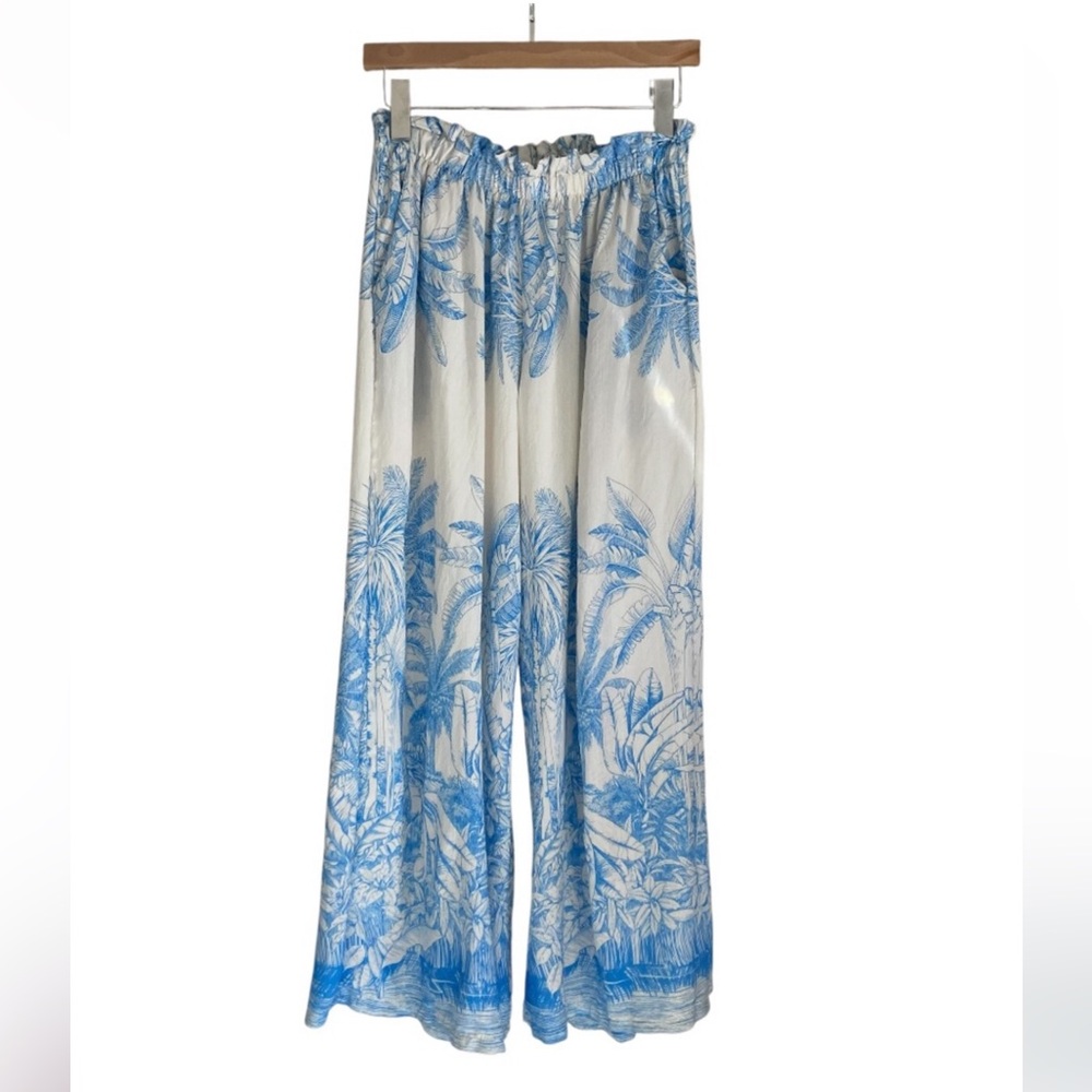 EROS Blue and White Palm Print Extra Wide Leg Palazzo Beach Lounge Pants